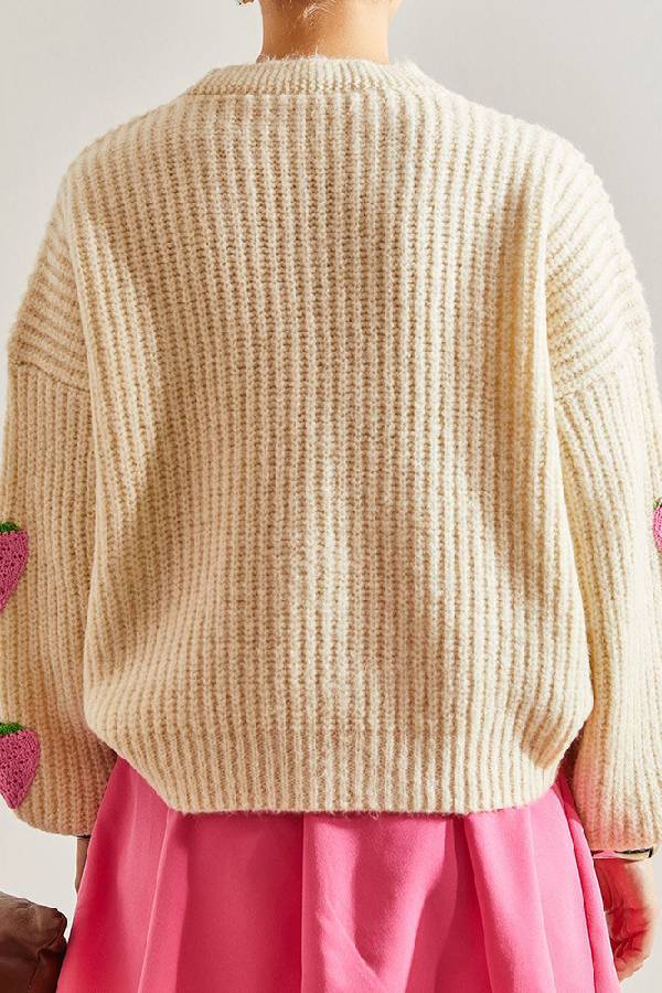 Viviana® | Süßer Strickjackenpullover mit V-Ausschnitt in Beige, mit Erdbeeren verziert