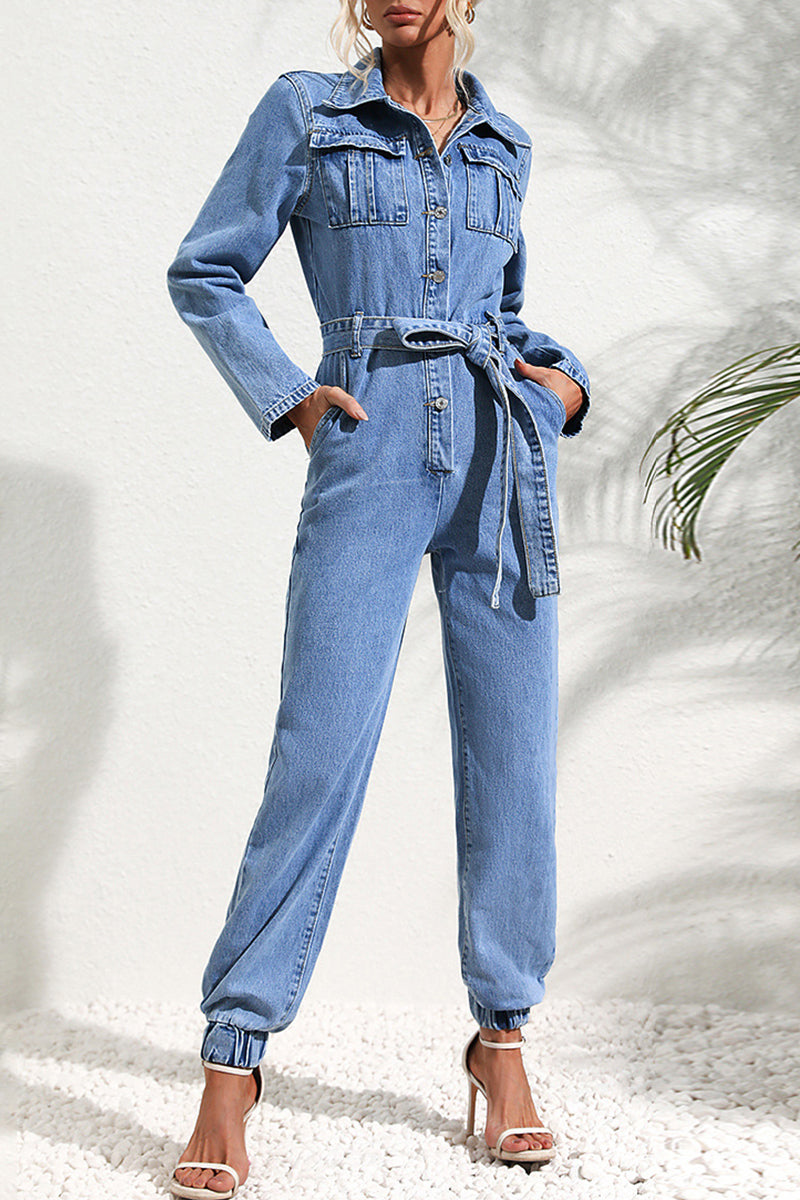 Yadira® | Casual Street Solid Bandage Pocket Turndown Kragen Langarm Regular Denim Jumpsuits