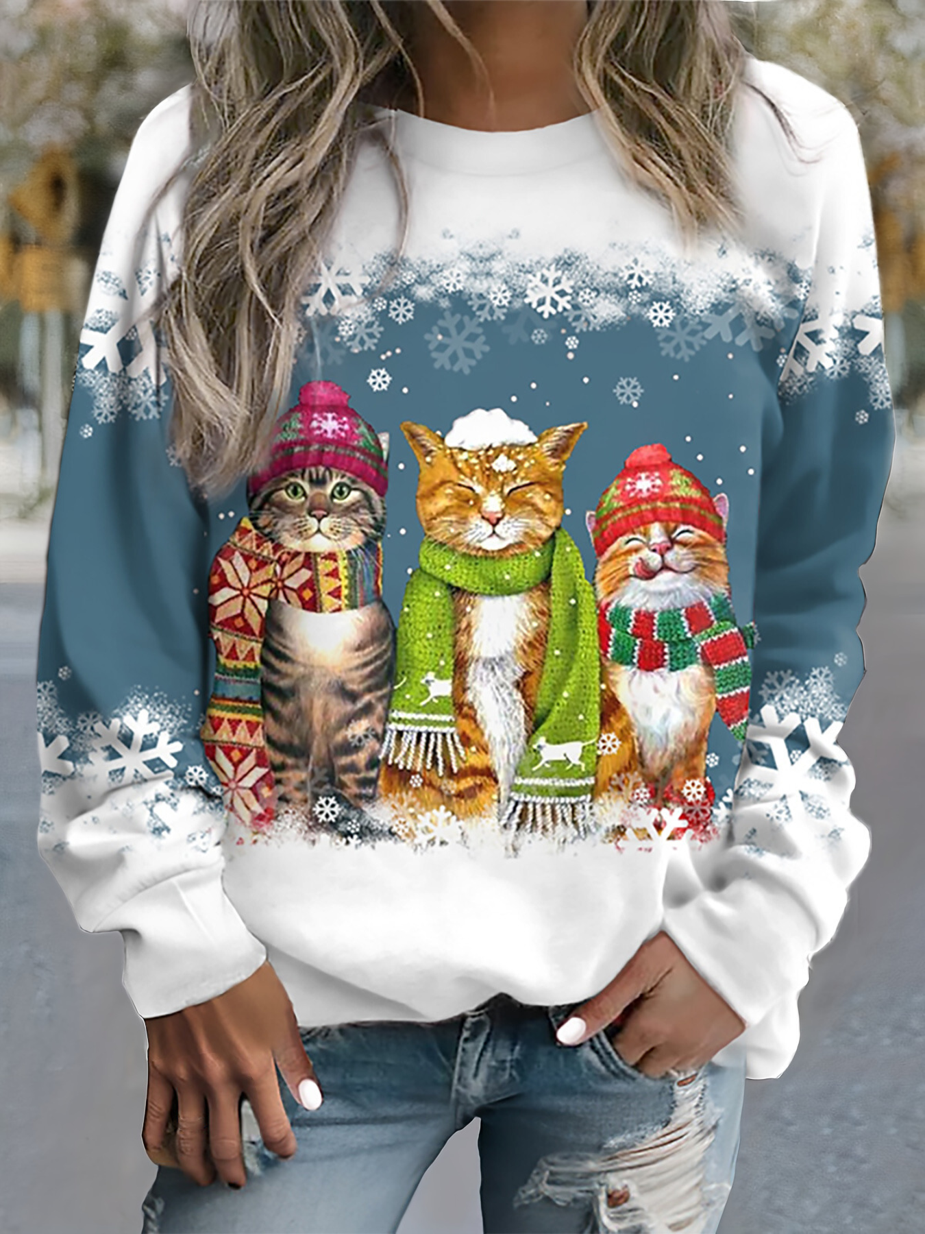 Ofelia® | Pullover mit Schneekatzen-Print