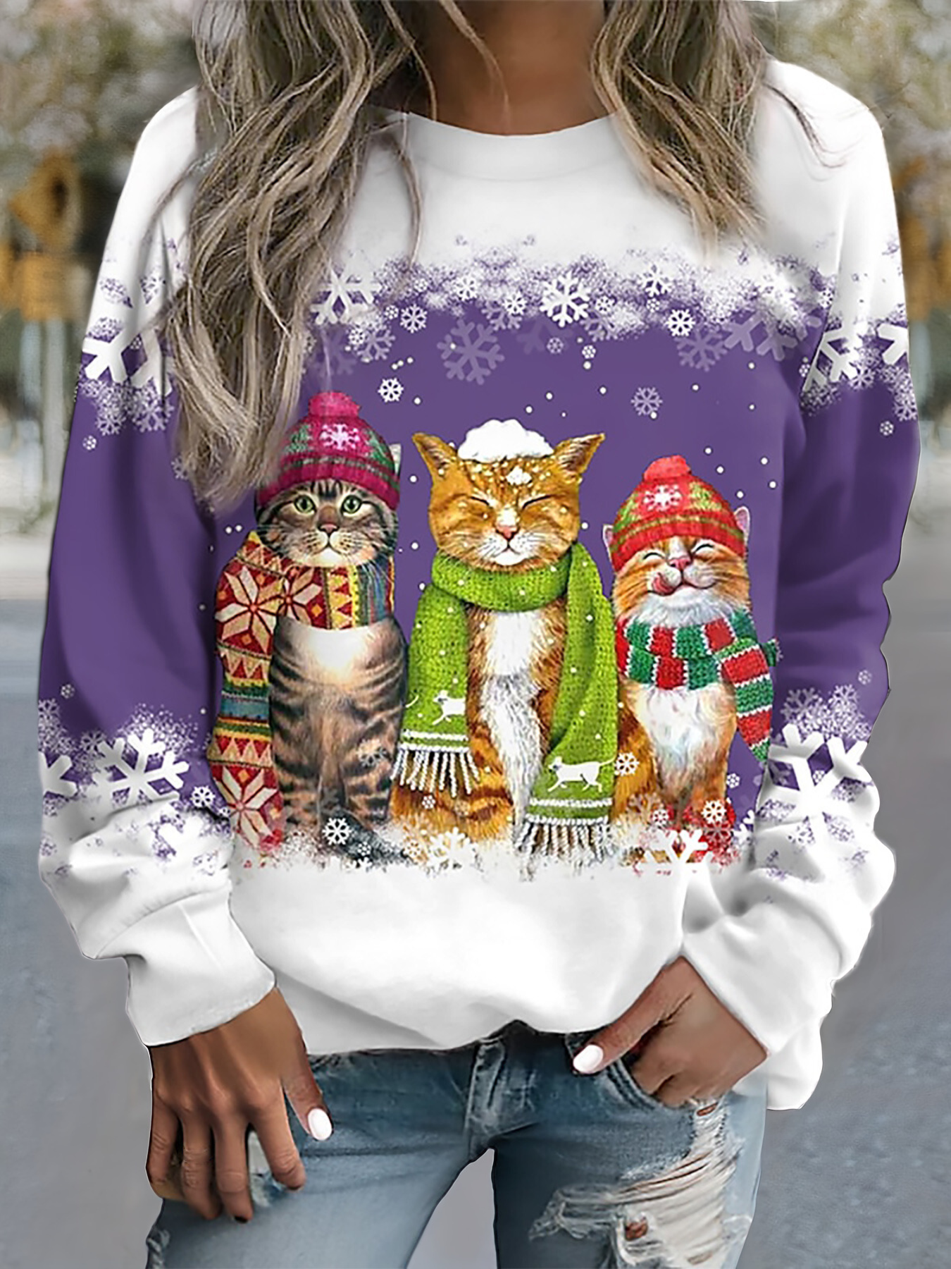 Ofelia® | Pullover mit Schneekatzen-Print