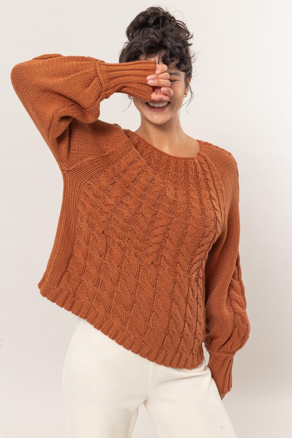 Agustina® | Zopfstrickpullover mit Rundhalsausschnitt und Raglanärmeln