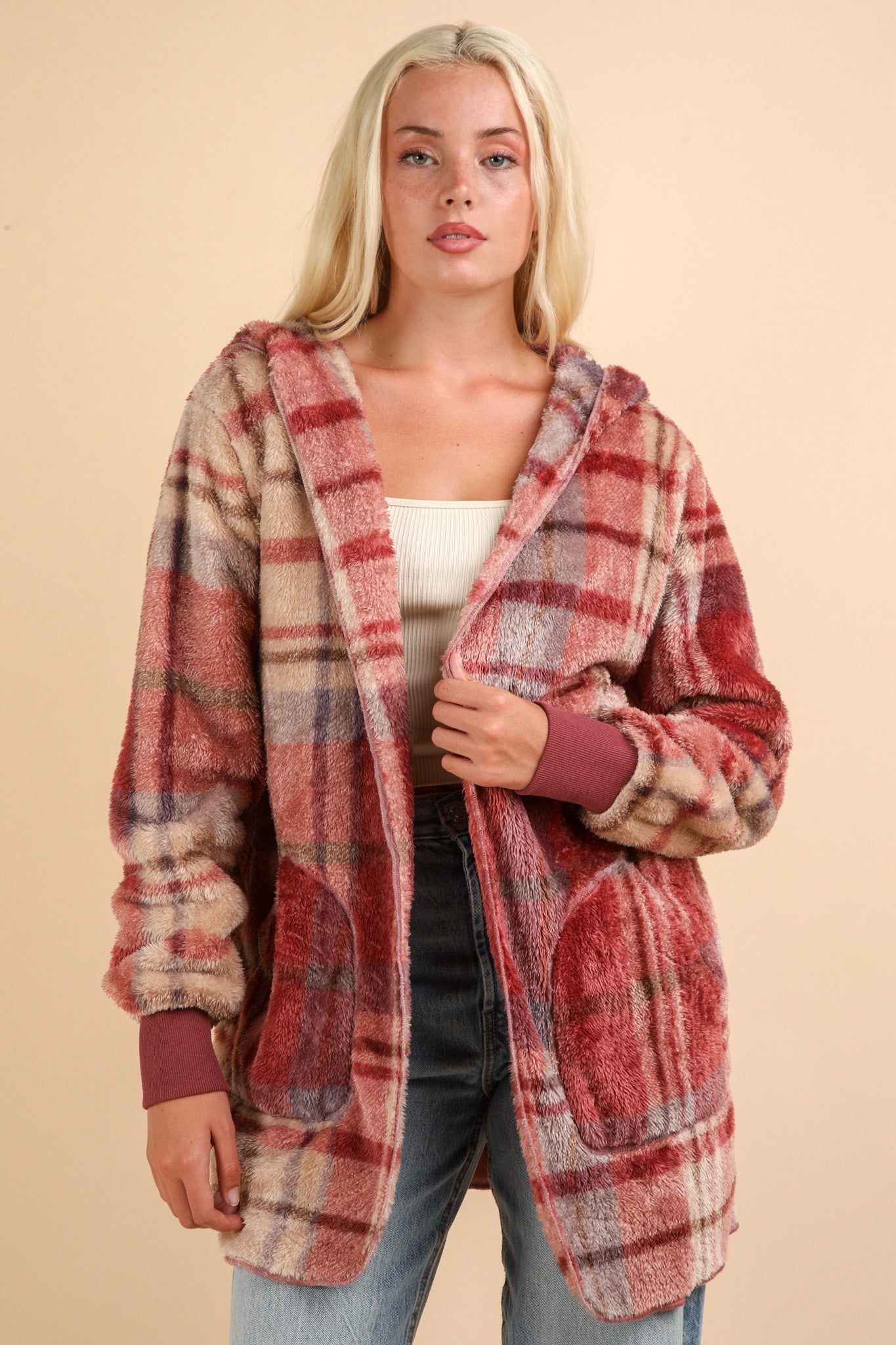 Paloma® | VERY J Fuzzy Plaid Langarm-Kapuzenjacke