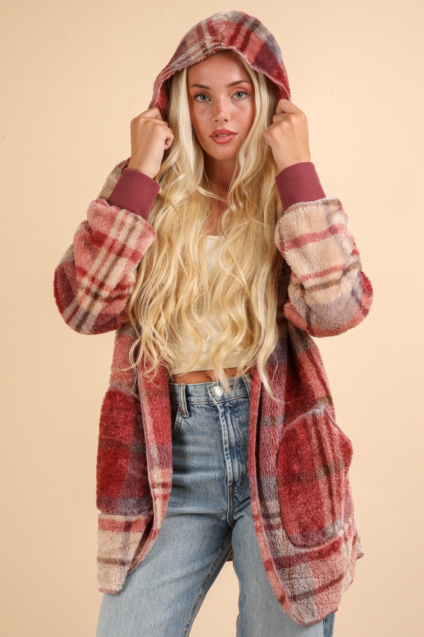 Paloma® | VERY J Fuzzy Plaid Langarm-Kapuzenjacke