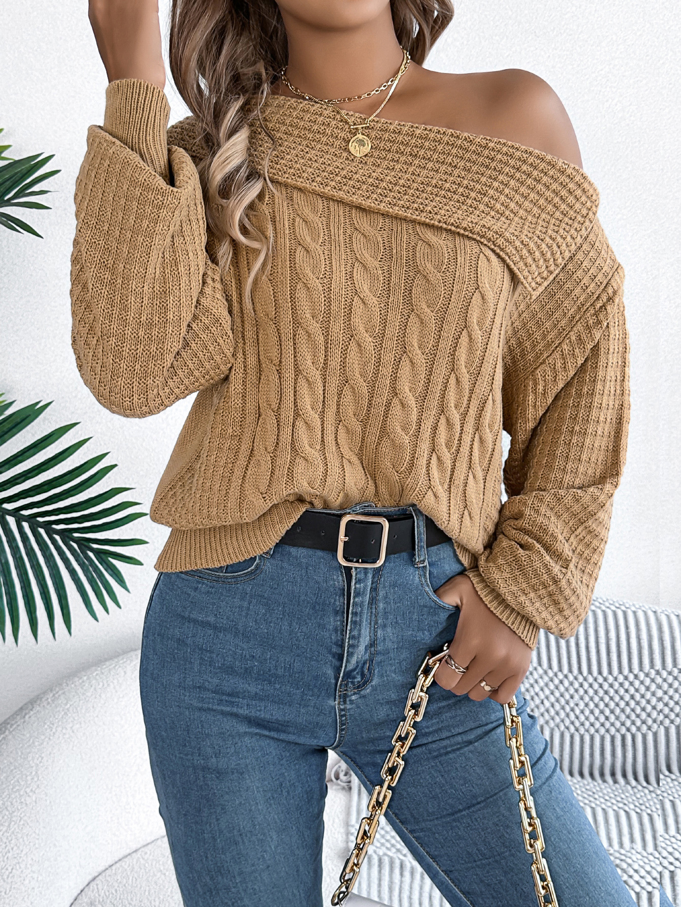 Yolaina® | Schulterfreier, langärmliger Pullover mit Revers