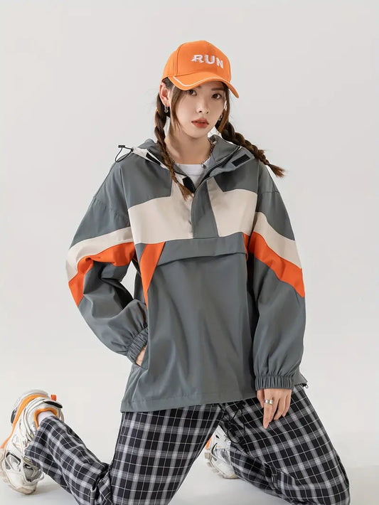 Zoe® | Color Blocked Hooded Drawstring Jacket, Lässige Jacke Mit Reißverschlusstasche