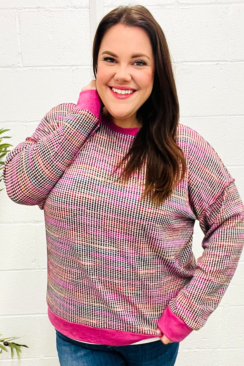 Olivia® | Bring Joy Magenta Mehrfarbiger strukturierter Waffelstrickpullover