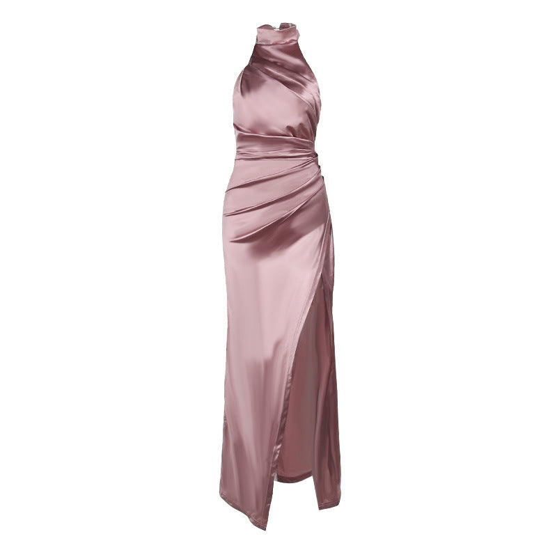 Yasmina® | Odessa-Kleid aus Satin mit Neckholder-Ausschnitt und Öffnung vorne