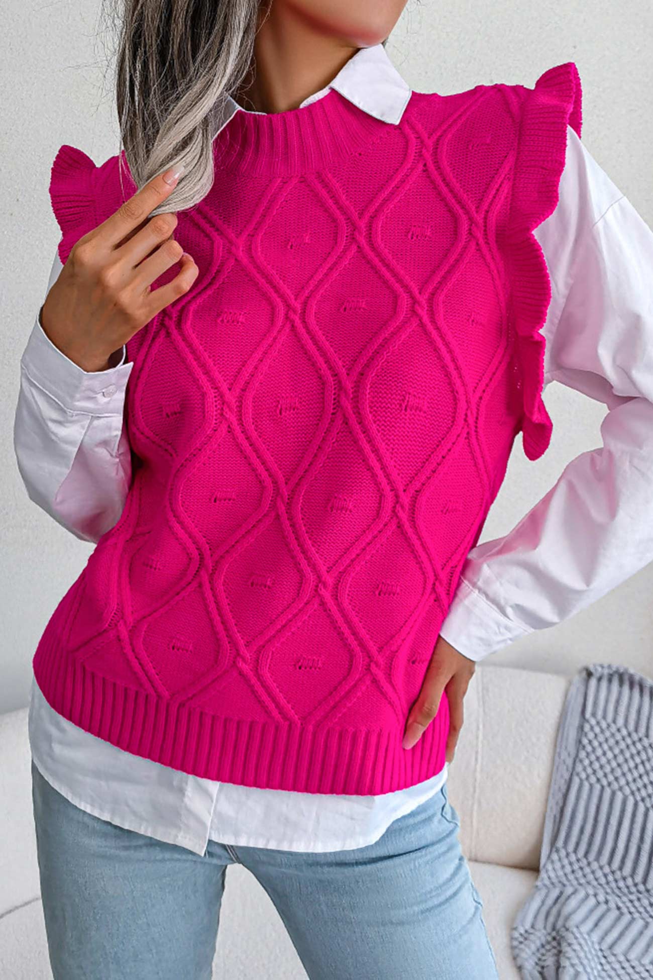 Aitana® | Rüschen-Argyle-Strickwestenpullover