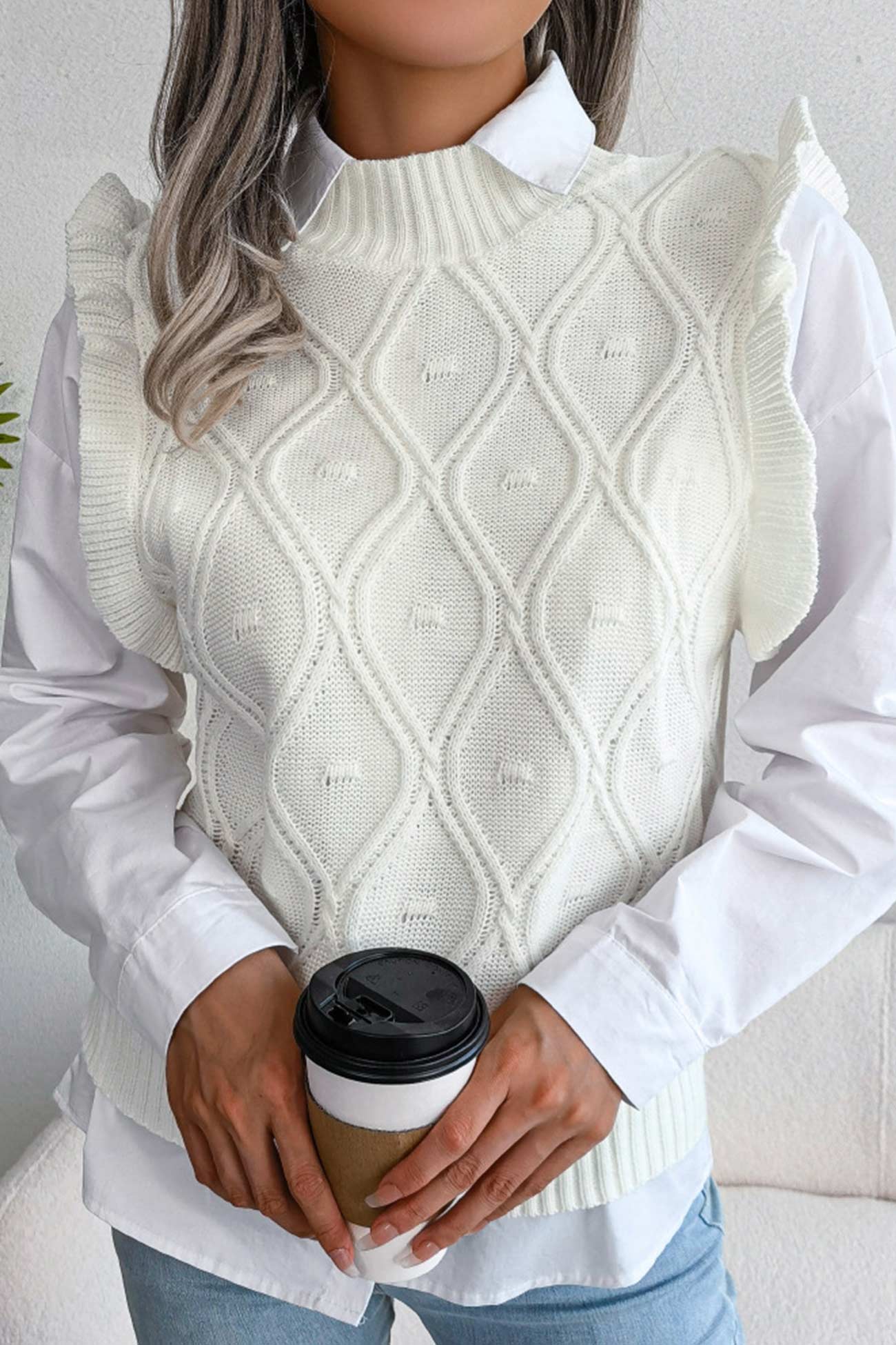 Aitana® | Rüschen-Argyle-Strickwestenpullover