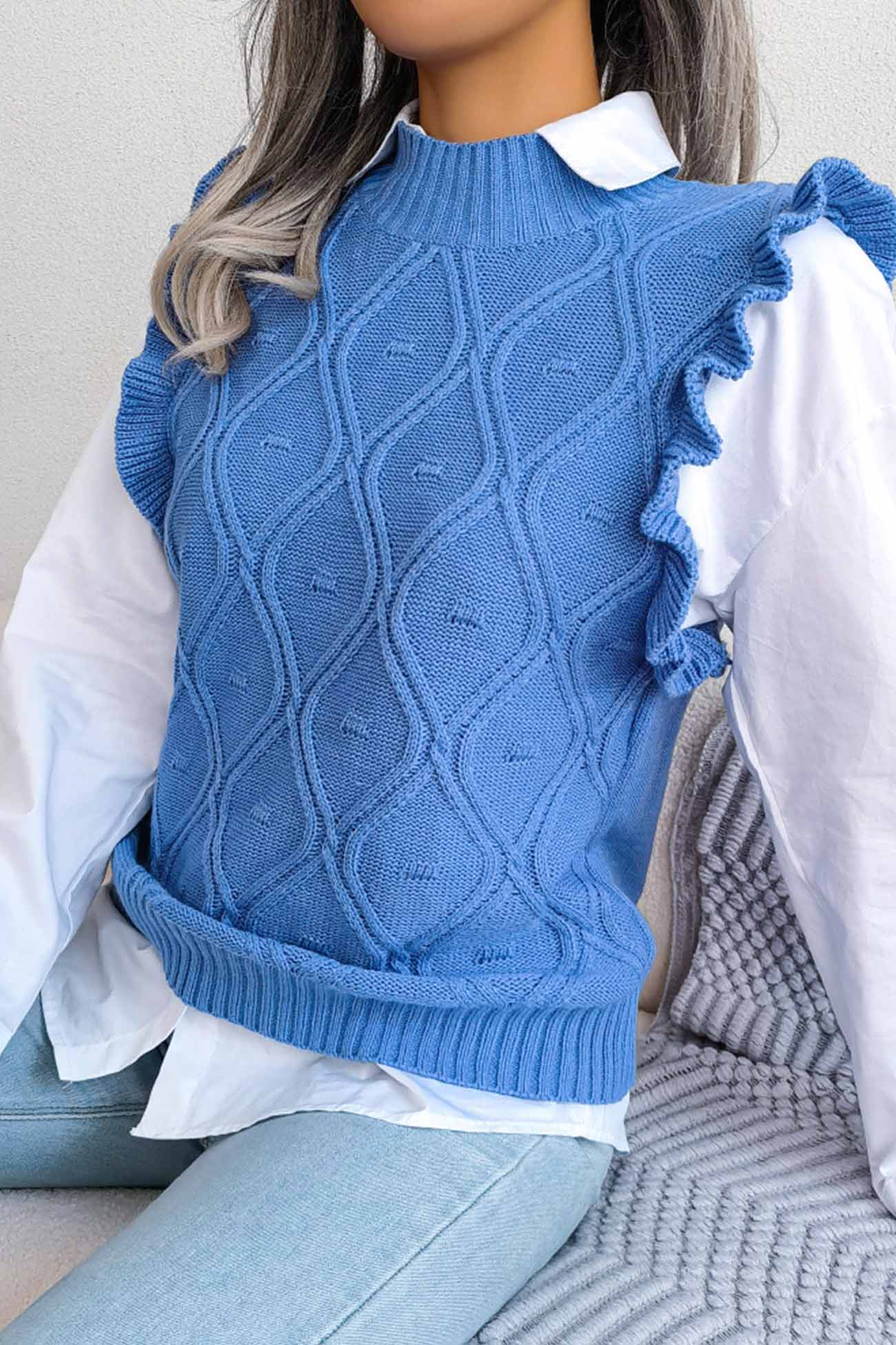 Aitana® | Rüschen-Argyle-Strickwestenpullover