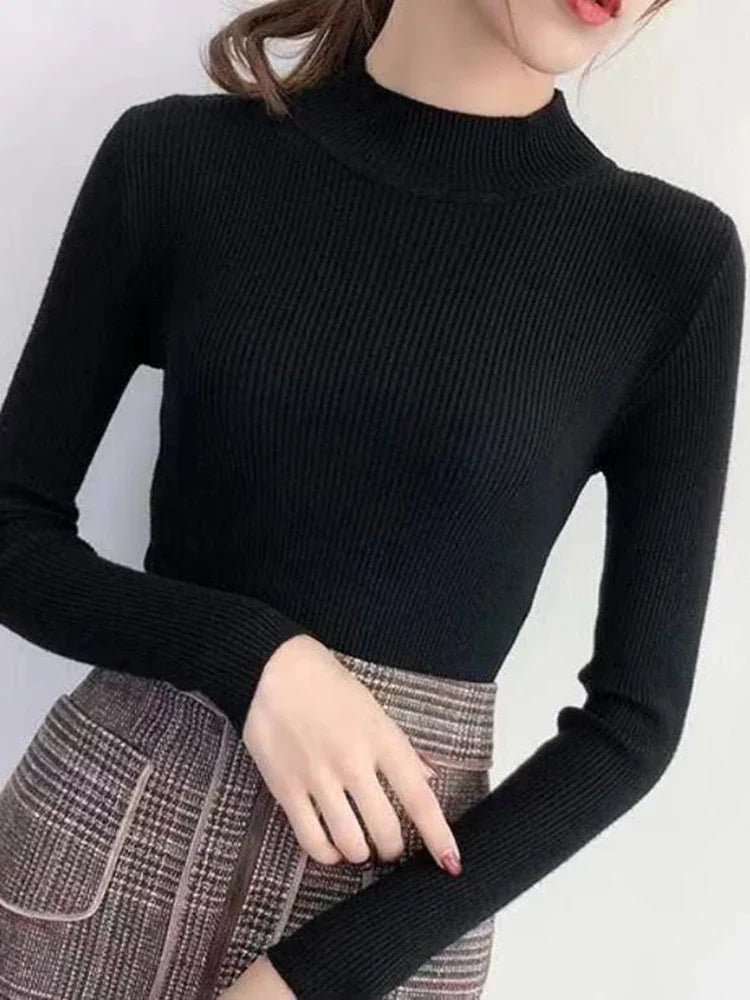 Annemarie® | Herbst Winter Mock Neck Frauen Pullover Vintage Grundlegende Solide Strick Tops Beiläufige Dünne Pullover Koreanische Pullover Einfache Chic Jumper