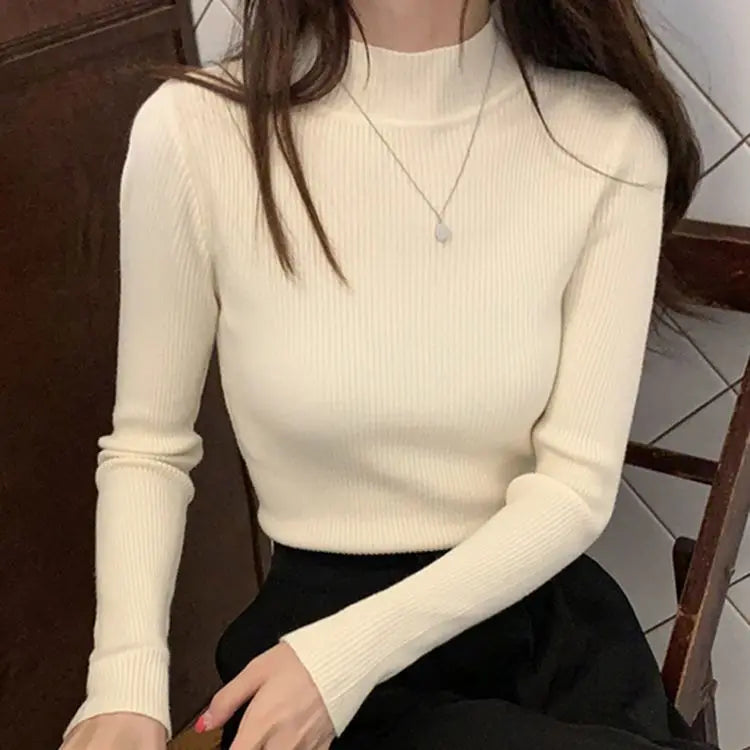 Annemarie® | Herbst Winter Mock Neck Frauen Pullover Vintage Grundlegende Solide Strick Tops Beiläufige Dünne Pullover Koreanische Pullover Einfache Chic Jumper