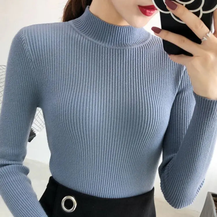 Annemarie® | Herbst Winter Mock Neck Frauen Pullover Vintage Grundlegende Solide Strick Tops Beiläufige Dünne Pullover Koreanische Pullover Einfache Chic Jumper