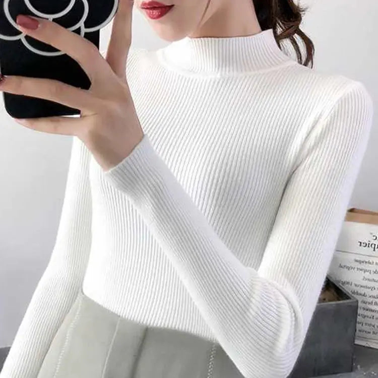 Annemarie® | Herbst Winter Mock Neck Frauen Pullover Vintage Grundlegende Solide Strick Tops Beiläufige Dünne Pullover Koreanische Pullover Einfache Chic Jumper