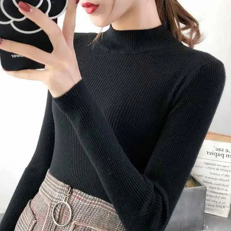 Annemarie® | Herbst Winter Mock Neck Frauen Pullover Vintage Grundlegende Solide Strick Tops Beiläufige Dünne Pullover Koreanische Pullover Einfache Chic Jumper