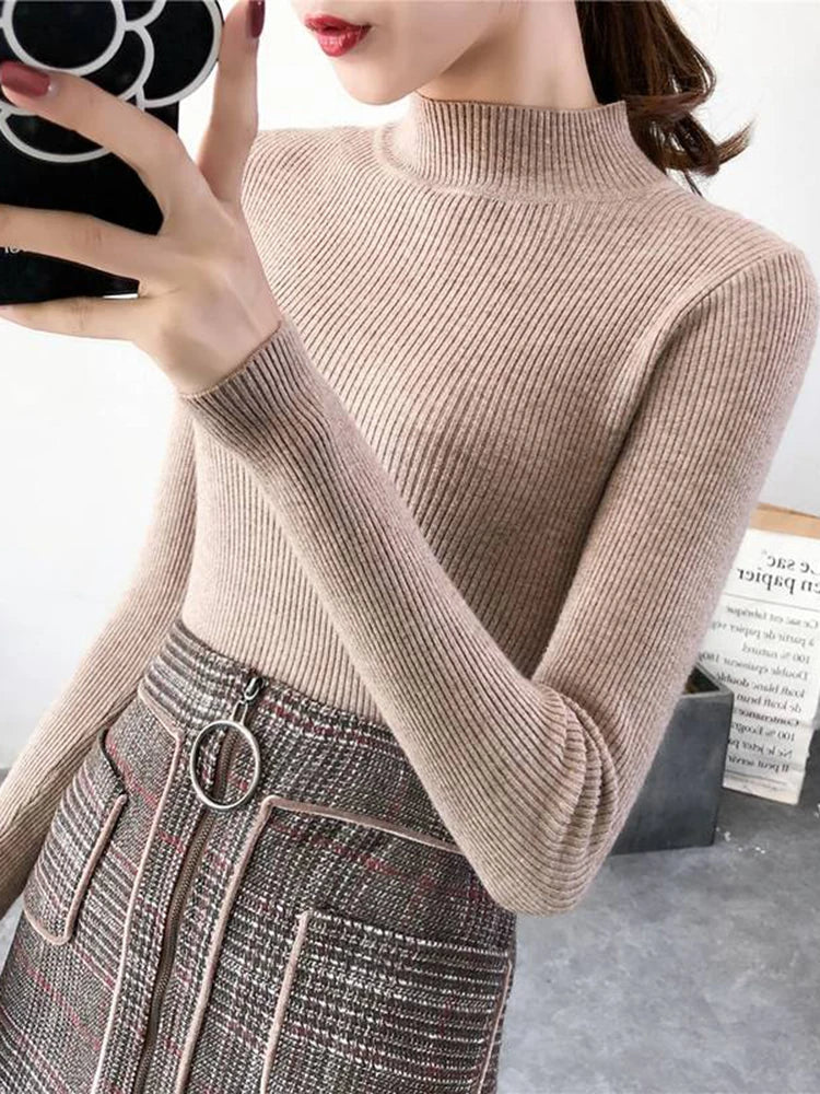 Annemarie® | Herbst Winter Mock Neck Frauen Pullover Vintage Grundlegende Solide Strick Tops Beiläufige Dünne Pullover Koreanische Pullover Einfache Chic Jumper