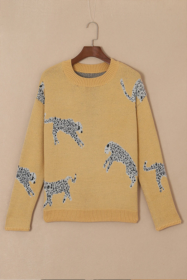 Yolanda® | Kamelfarbener Strickpullover mit Animal-Print und überschnittener Schulter