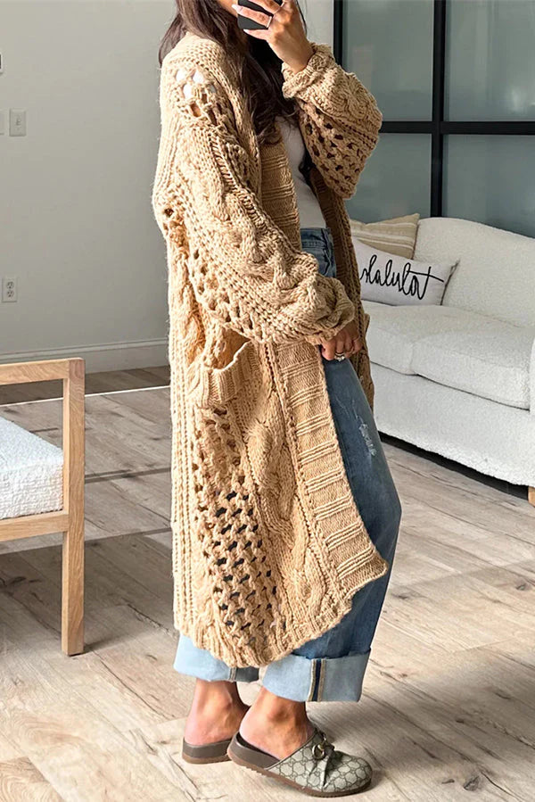 Yadira® | Gestrickter, langärmeliger, übergroßer Midi-Cardigan mit Zopfmuster und Tasche