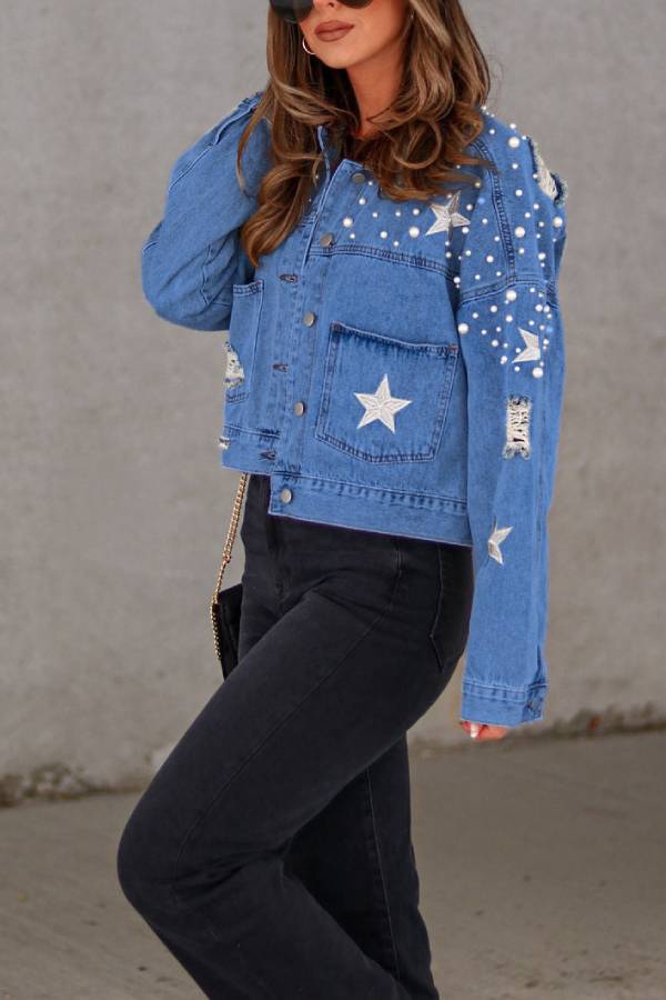 Yadira® | Jeansjacke mit Perlendetail