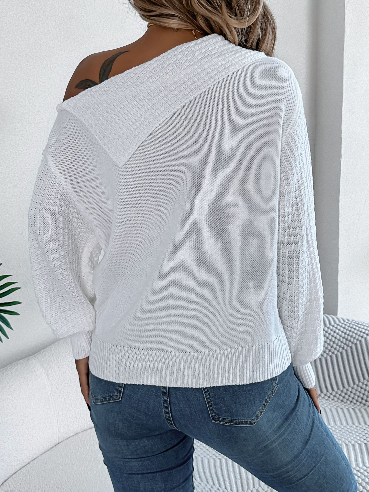 Yolaina® | Schulterfreier, langärmliger Pullover mit Revers