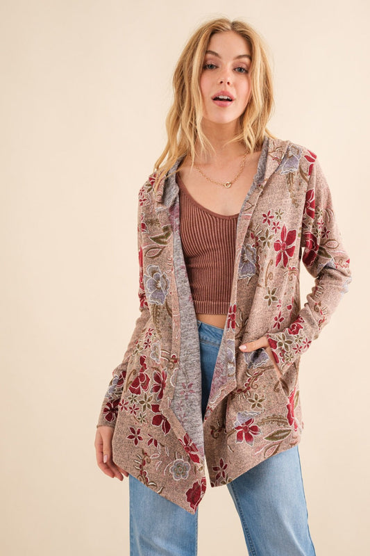 Yasmina® | Und der Why Floral Thermo-Cardigan mit Kapuze und offener Vorderseite