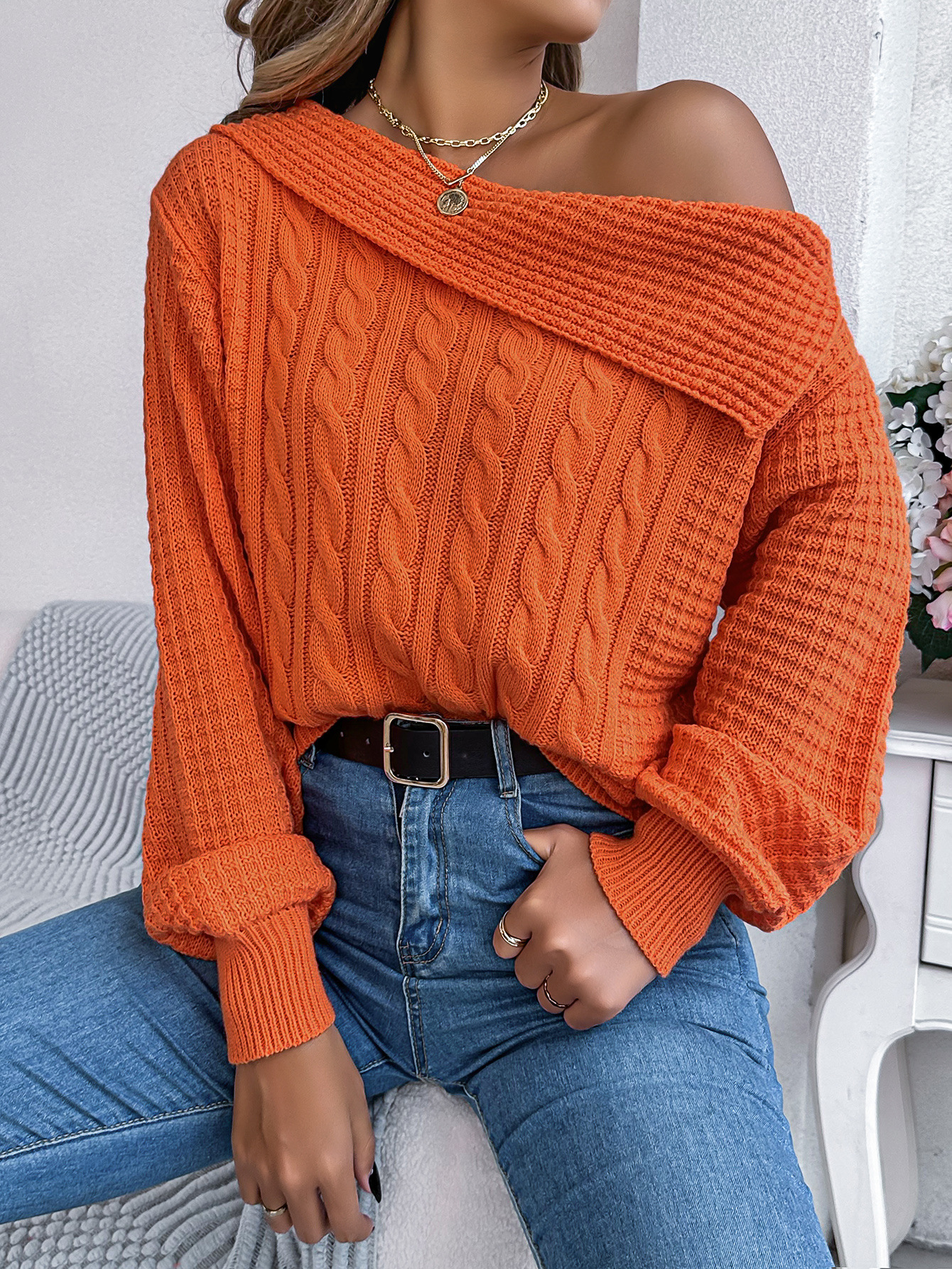 Yolaina® | Schulterfreier, langärmliger Pullover mit Revers