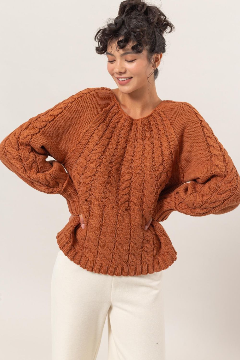 Agustina® | Zopfstrickpullover mit Rundhalsausschnitt und Raglanärmeln