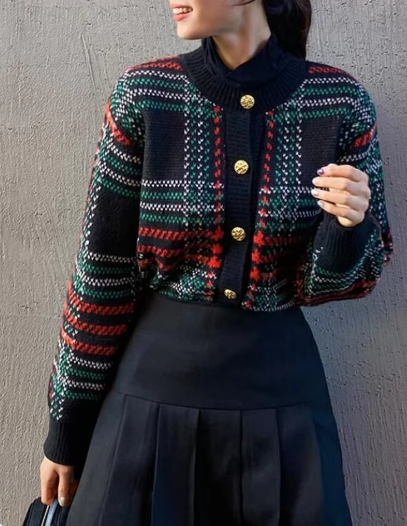 Viviana® | Vintage koreanische karierte Strickjacke