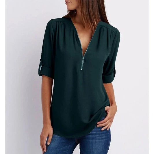 Marta - Plus Size Lockere 3/4-Ärmel Bluse mit Reißverschluss