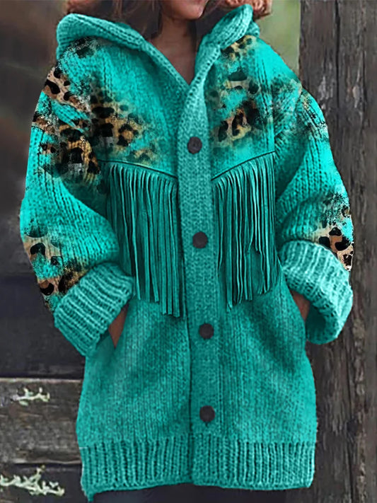 Leopard Kuhfell Türkis Fransen Gemütliche Strickjacke mit Kapuze